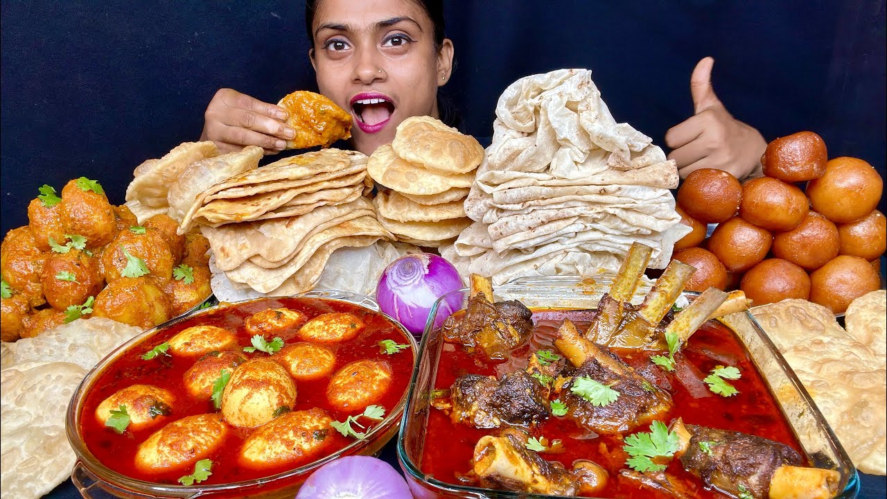 Spicy Mutton Curry Spicy Egg Curry With Puri Dum Aloo Rumali Roti Paratha Gulab Juman Eating