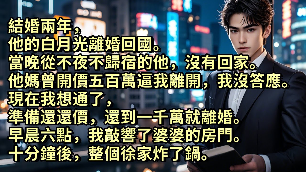 結婚兩年，他的白月光離婚回國。當晚從不夜不歸宿的他，沒有回家。當初他媽曾開價五百萬逼我離開，我沒答應。現在我想通了，準備還價，還到一千萬就離婚。早晨六點，我敲響了婆婆的房門。十分鐘後，整個徐家炸了鍋。