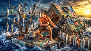 Full 10 Days Desert Island Survival | Building a Trash Raft & Hunting Seafood With My Dog