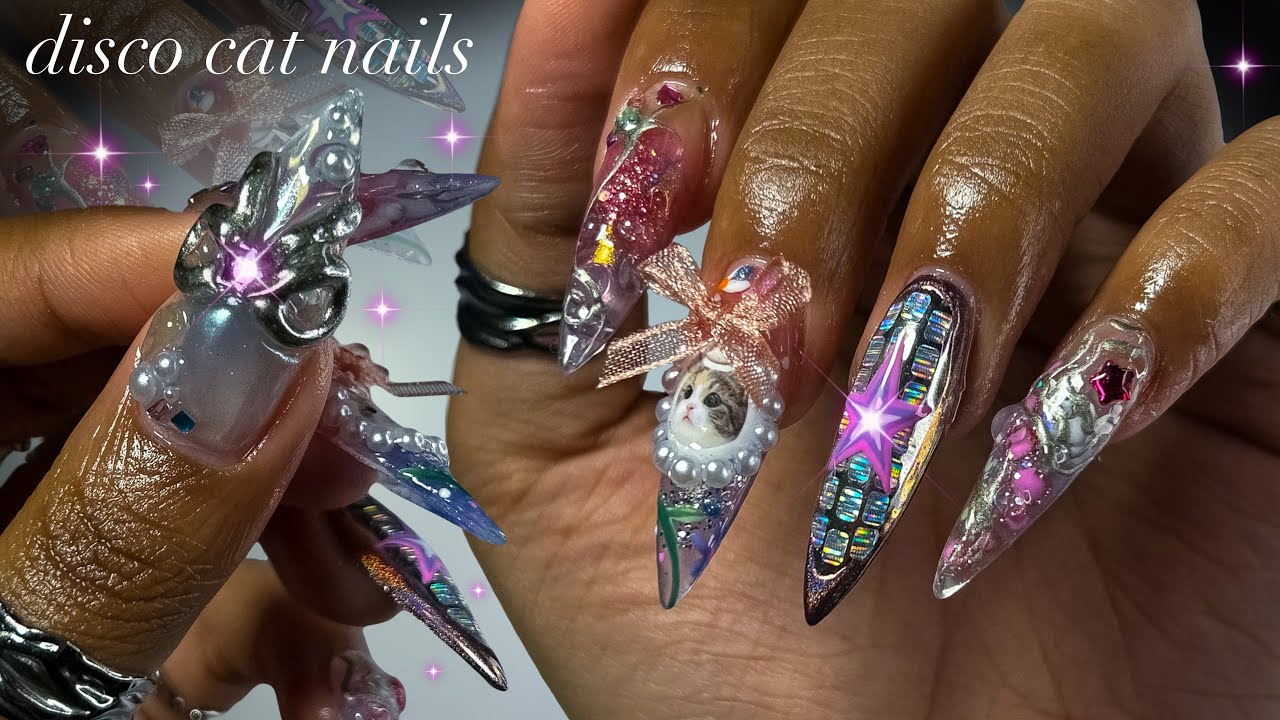 Disco Cat Nails!🐈🪩💕✨| polygel application + fun nail art!✨