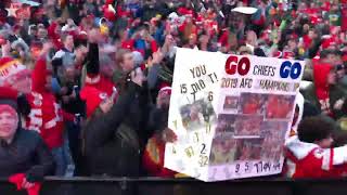 Chiefs fans in the kansas city power and light district celebrate win
against tennessee titans afc championship a trip to super bowl. ...