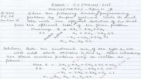 UPSC -CS(MAIN)-MATHEMATICS OPTIONAL  PAPER II 2015 Q.No. 4(c) Operations Research simplex method