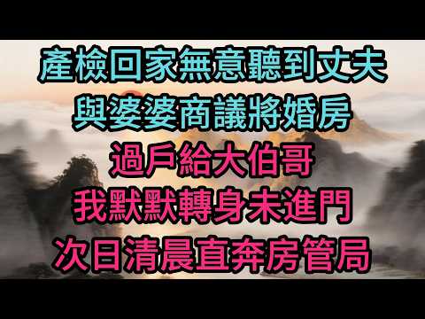 產檢回家無意聽到丈夫與婆婆商議將婚房過戶給大伯哥，我默默轉身未進門，次日清晨直奔房管局辦理手續，當晚丈夫急得如熱鍋螞蟻