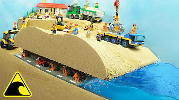Lego Tunnel Flood Disaster - Tsunami Dam Breach Experiment - Wave Machine VS Construction Workers