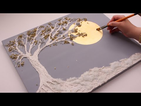 Textured Tree Art with Gold Leaf & Crystals | Moonlight Canvas Painting Tutorial