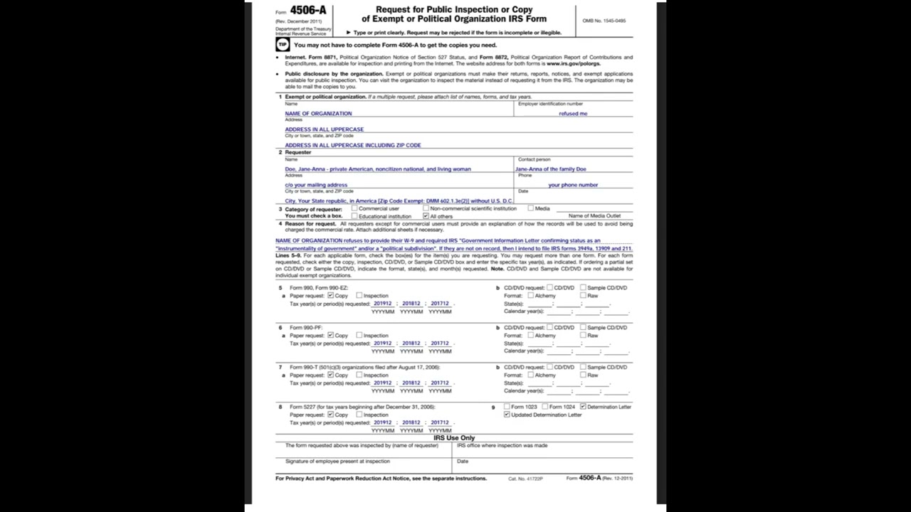 FORM 4506 A - Request for Supposed "Government" tax exempt status from