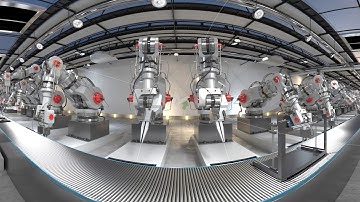 Assembly of 3D printer on the conveyor belt. 8K 360 VR animation