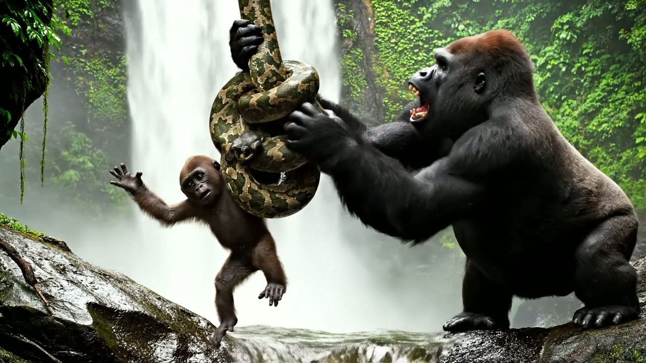 TOP 1 Most Heroic Act: Elephant Rescues Baby Gorilla From a Giant Python at the Waterfall!