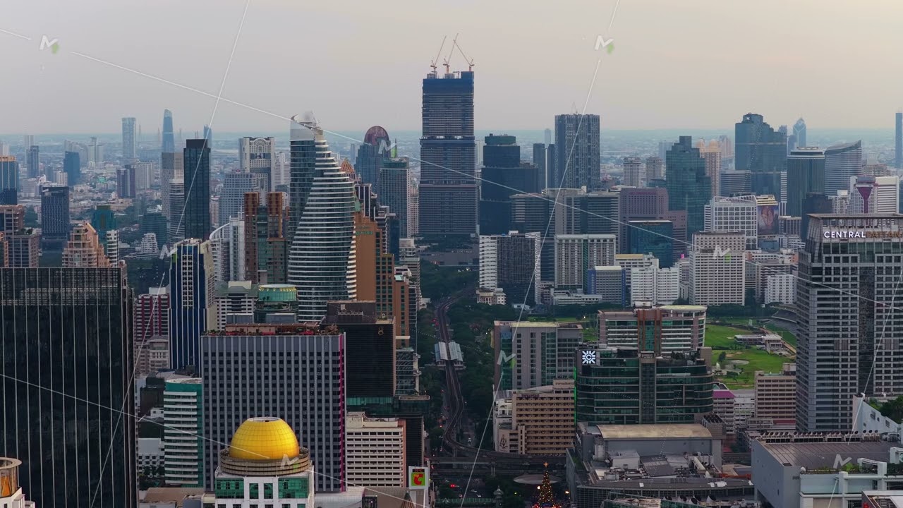 Aerial view of modern metropolis of Bangkok, Thailand. Busy urban landscape with towering
