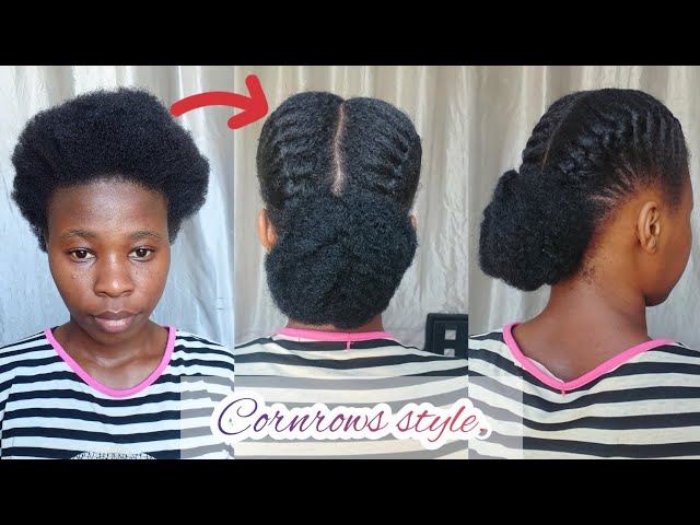 Cornrows with a bun natural hairstyle for short hair.