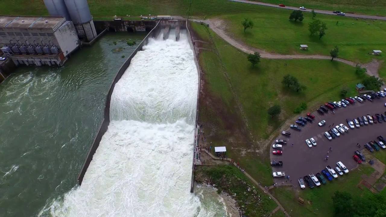 Flood gates opened at Denison Dam, lake Texoma 4K Drone Texas 2015 V1