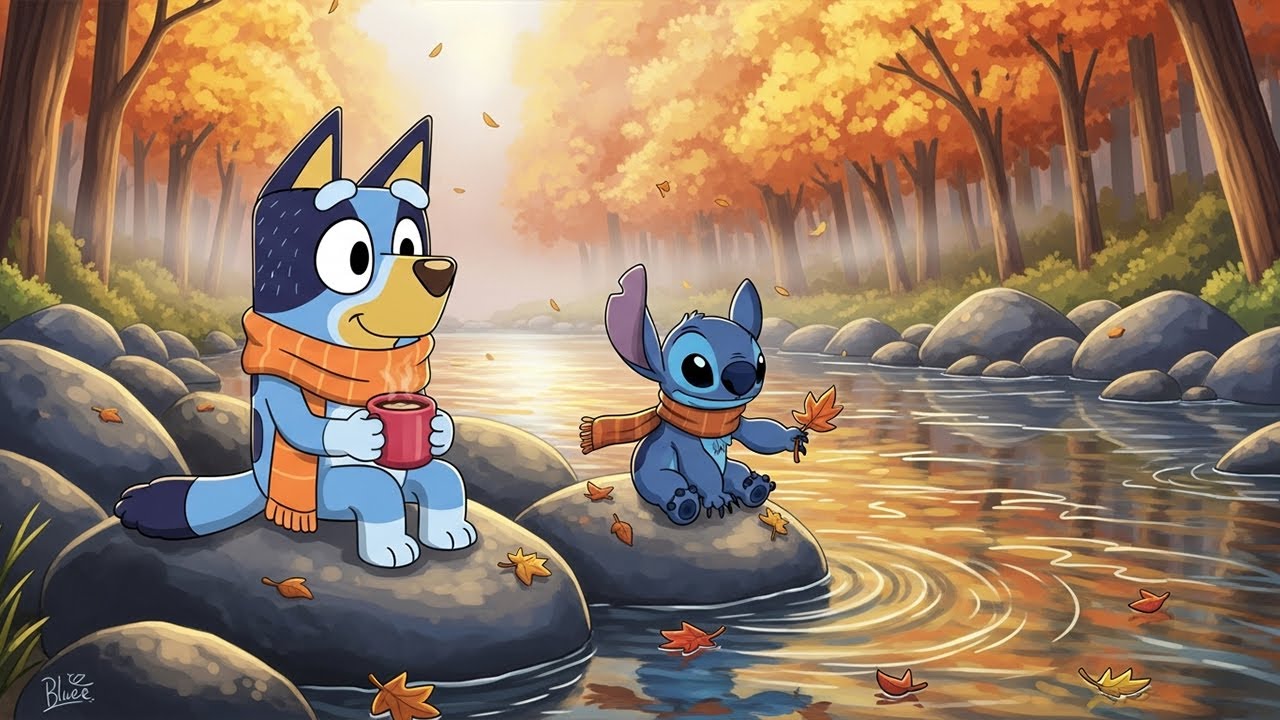 Stitch & Bluey Riverside Autumn Calm 🍂 Soft Lofi Breeze 🌤️ Cozy Beats for Study, Focus & Relax