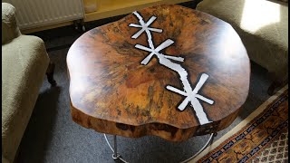 Stitching a crack in a wooding cookie with molten aluminum to create a cool table