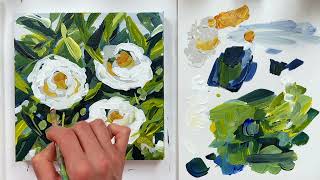 White Flowers Painting Demo | Step by Step Flower Painting with Acrylics Paint on Canvas