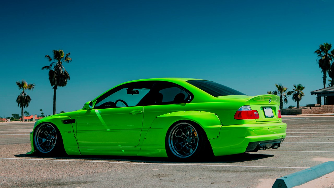 A V8-swapped, Rocket Bunny-kitted E46 M3 painted in a Lamborghini shade gre...