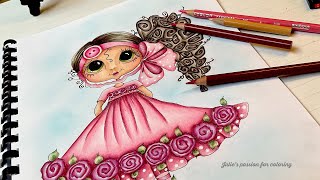 ELLA BELLA BUTTONS & BOWS (my besties) by Sherri Baldy - prismacolor pencils - easy color tutorial