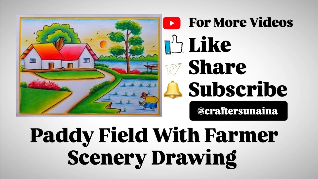 Paddy Field With Farmer Scenery Drawing Easy | Beautiful village ...