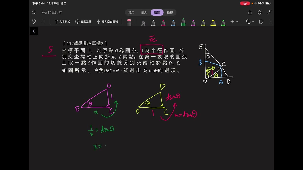 ［112學測數A單選2］坐 標 平 面 上，以 原 點 O 為 圓 心、1 為 半 徑 作 圓，分別 交 坐 標 軸 正 向 於 A、B 兩 點。