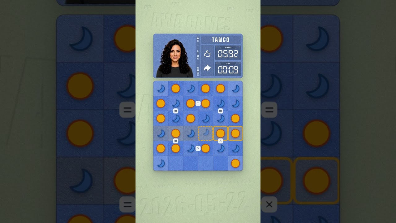 LinkedIn Tango #592 solved board for May 22, 2026, 6x6 grid