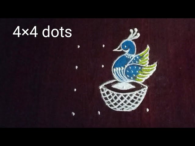 easy peacock rangoli design for diwali/4×4 dot kolam/innovative peacock mugglu @NSchannelrangoli class=