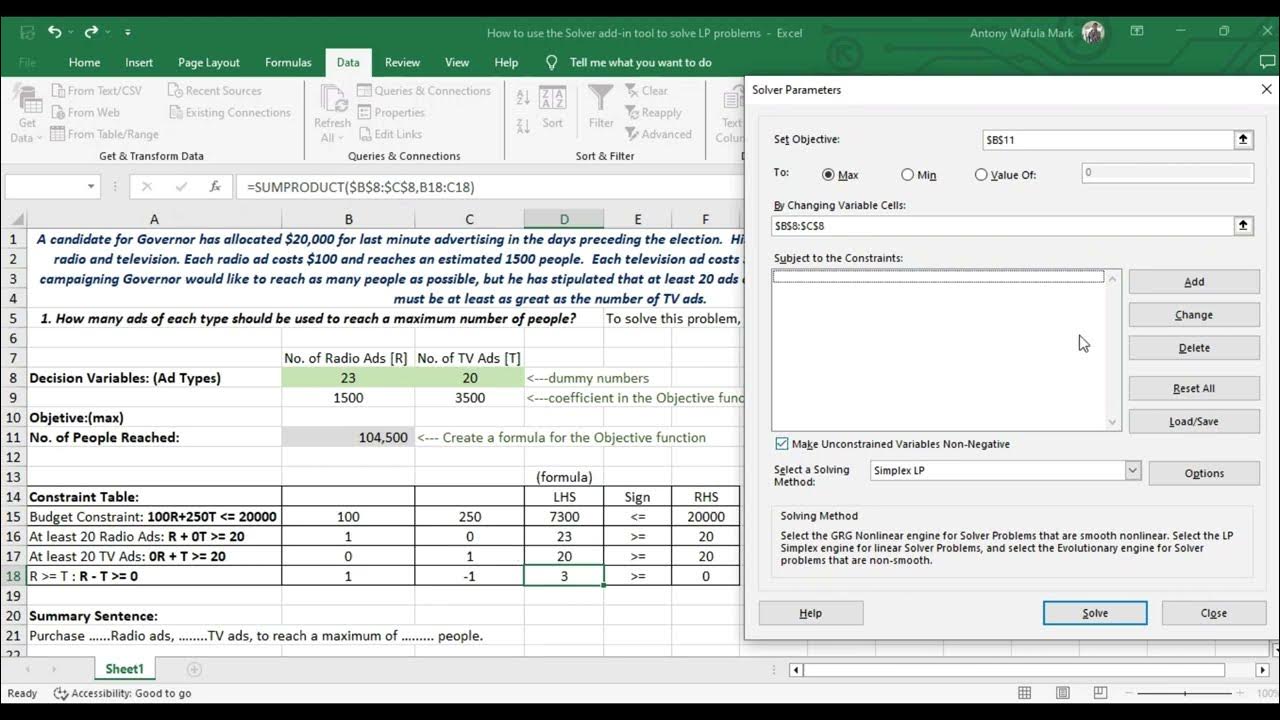 How to use The Solver Add-In Tool: Steps to Solve Linear Programming ...