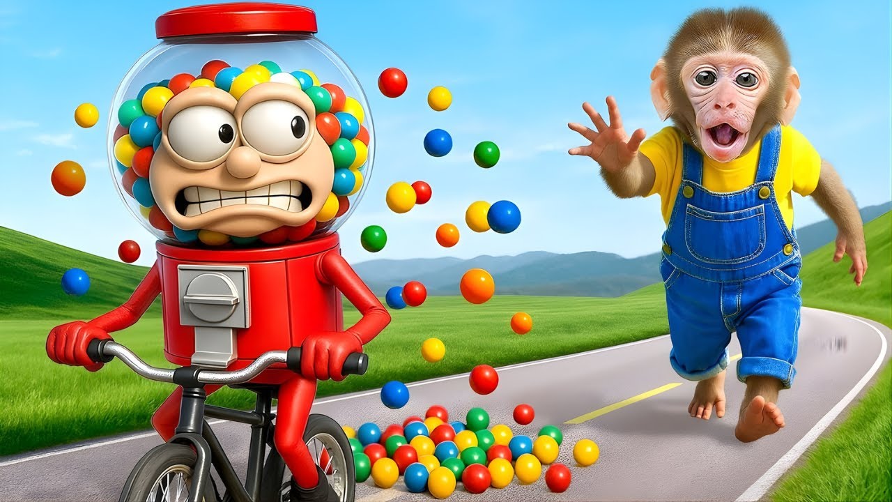 Curious Baby Monkey Tries to Catch Candy From a Colorful Surprise Machine 