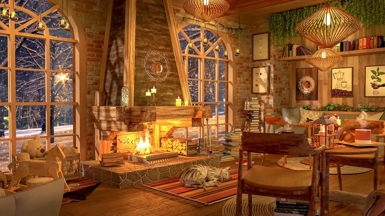 Warm Winter Season at Balcony Coffee Shop with Jazz Music For Relaxing, Studying and Working