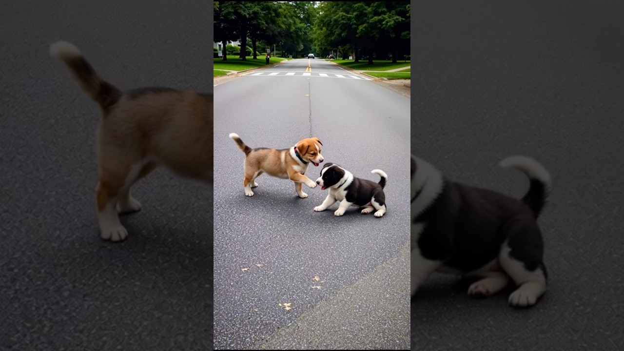 Funny Puppies Playing On The Road 
