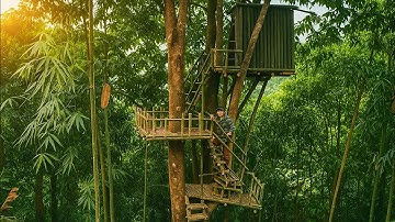 Building a Secret Multi-Level Treehouse Fortress with a Fire Kitchen to Survive in the Wild
