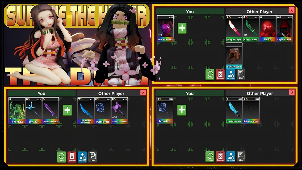 TRADING POLTERGEIST SET, 2X PERMAFROST, FAE LAMENT, GRIMSLEY SET, COLD BOW,SURVIVE THE KILLER ROBLOX