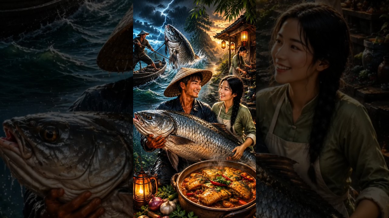 ভয়ংকর ঝড়ে ধরা পড়ল দৈত্যাকার নদীর মাছ! 😱 | Giant Fish Catch & Village Cooking & Storm #cartoon