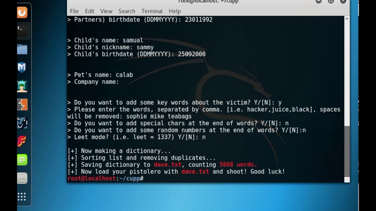 Kali Linux 2.0 "cupp" creating a targeted word list for Victims - YouTube
