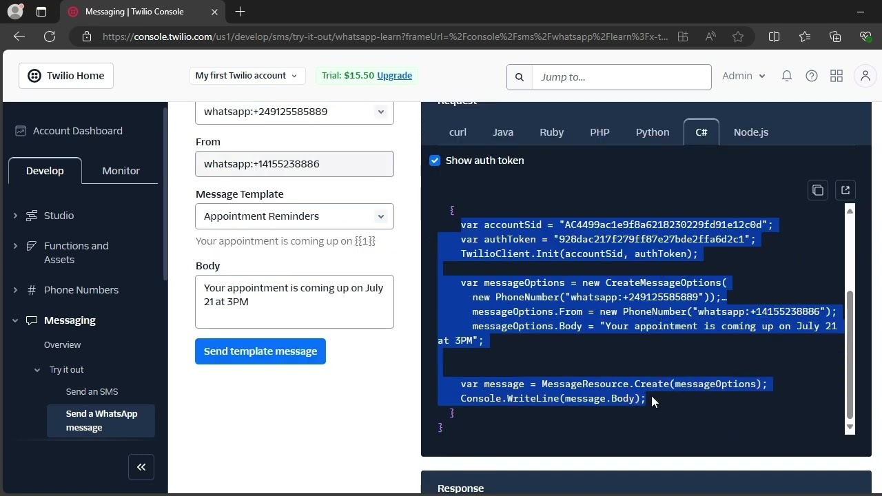 Twilio whatsapp notification setup c# .net application part 1