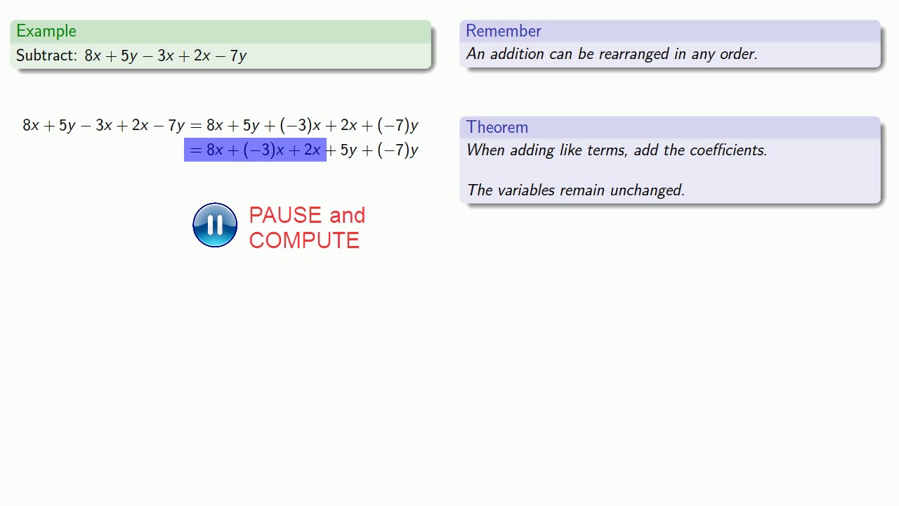 Subtraction of Algebraic Terms - YouTube