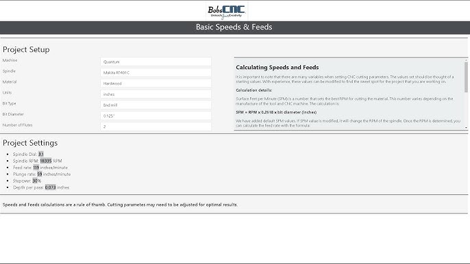 BobsCNC - The Beta Version of the BobsCNC Speeds and Feeds