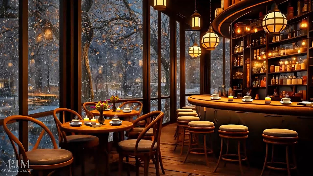 Relaxing Winter Jazz Music in Cozy Coffee Shop Ambience with Snowfall ...