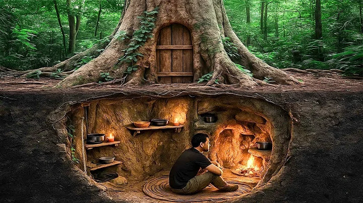 Building a Hidden Forest Shelter Inside a Giant Tree | 100 Days Build a Treehouse