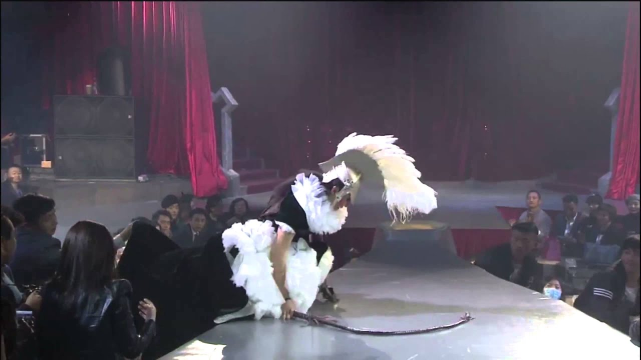 Model in dominatrix outfit and platform boots falls down during Sheguang Hu S/S 2016 fashion show