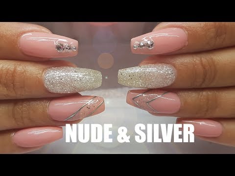 Nude And Silver Glitter Coffin Nail Design Acrylic Infill Youtube