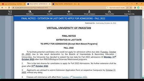 EXTENTION IN LAST DATE TO APPLY FOR ADMISSIONS || VIRTUAL UNIVERSITY OF PAKISTAN || FALL 2022