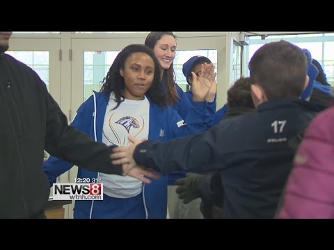 UNH basketball players plus West Haven elementary school students makes the right equation