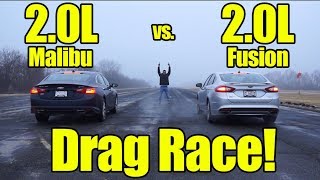 2018 Chevrolet Malibu 2.0L vs Ford Fusion 2.0L Drag Race! It's a Mid-Size-Sedan Mayhem Prize Fight!