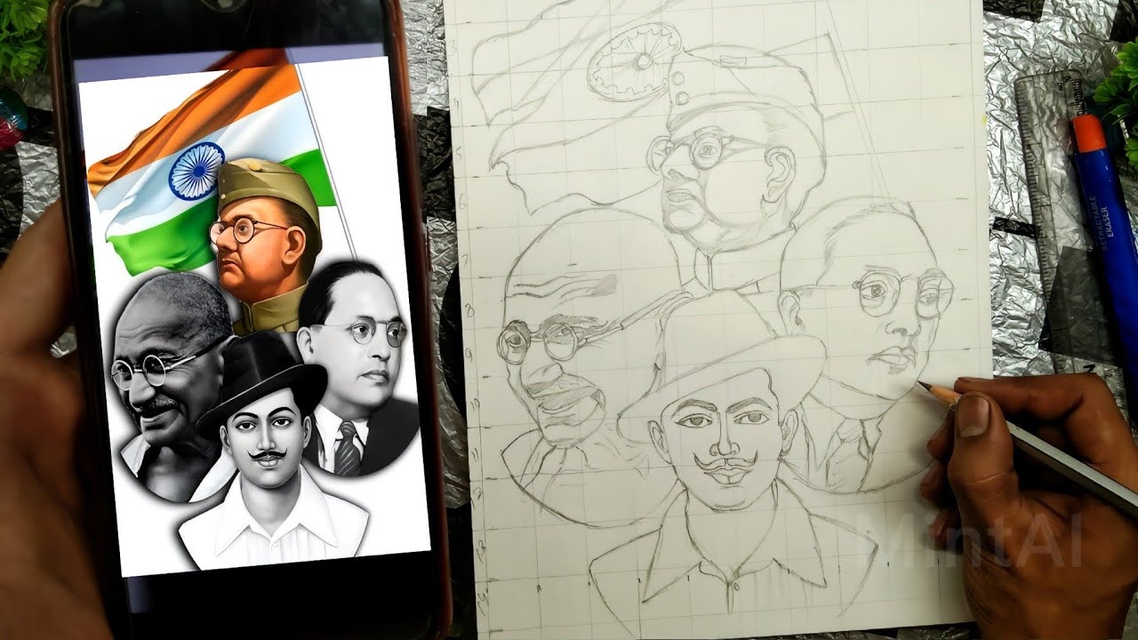 Indipendence Day Drawing | Freedom Fighters  Drawing | Gandiji | Bhagatsingh | Ambedkarji | Netaji 🤩