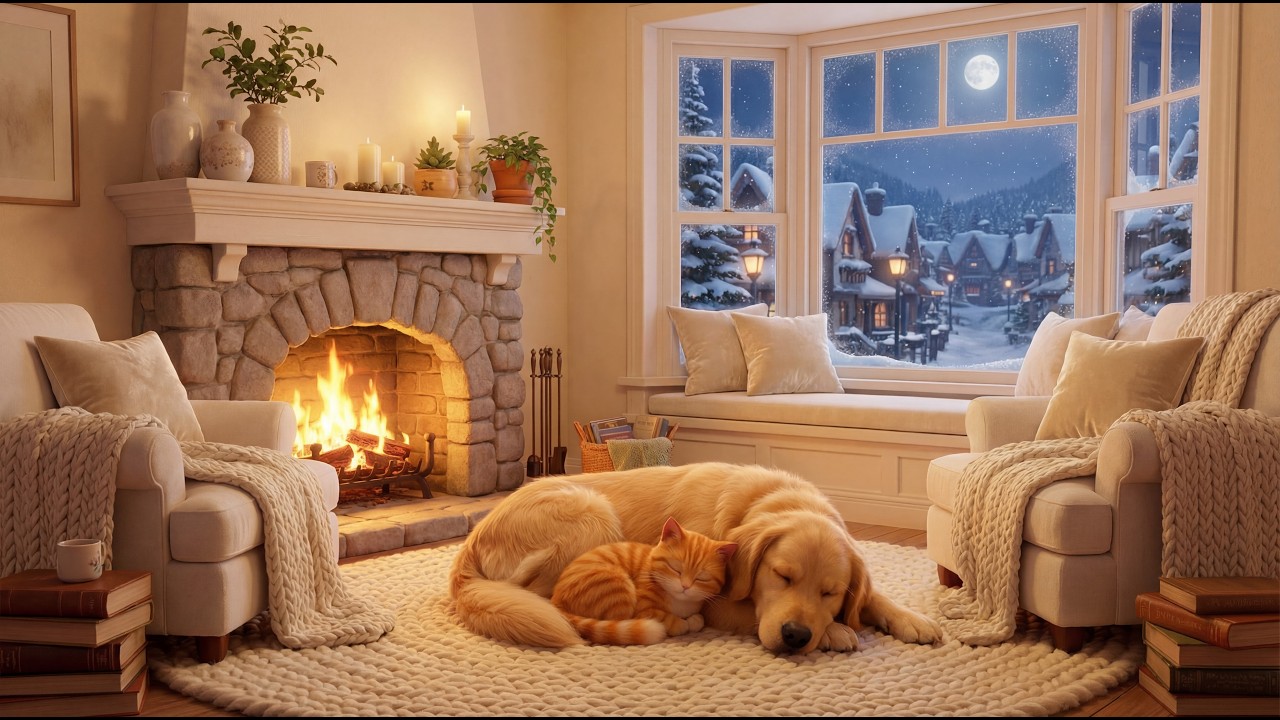 Cozy Snowy Night Fireplace Ambience Music with Leo & Lumi 🐶🐱 | Study, Relax & Sleep