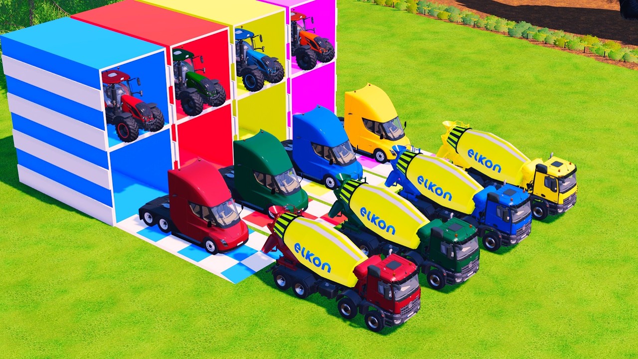 Transport with Colors - ALL MIXER TRUCK WITH DOUBLE FLATBED TRAILER TRUCK & TRACTOR! FS22 #123