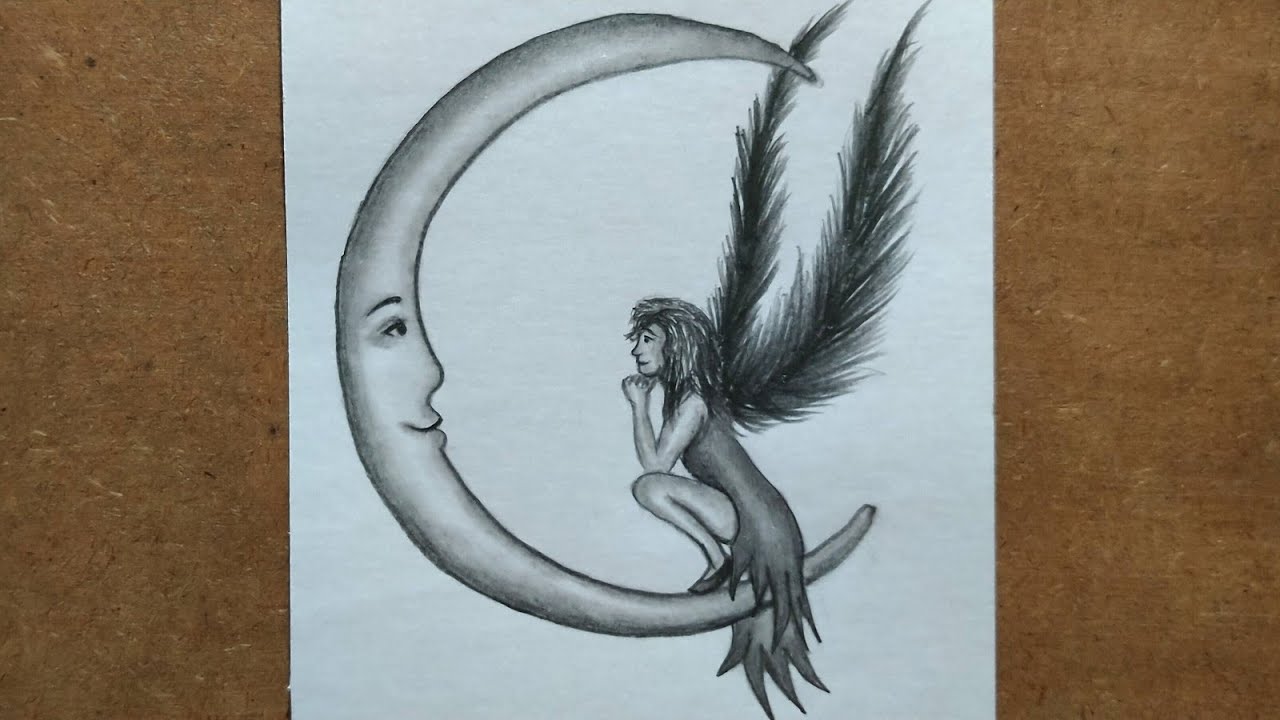 Easy way to Draw Angel on Moon- Pencil Sketch | How to Draw Angel on ...