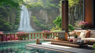 Cool Spring Morning Space by the Lakeshore with Beautiful Waterfall 💐 Slow Jazz for Relaxing