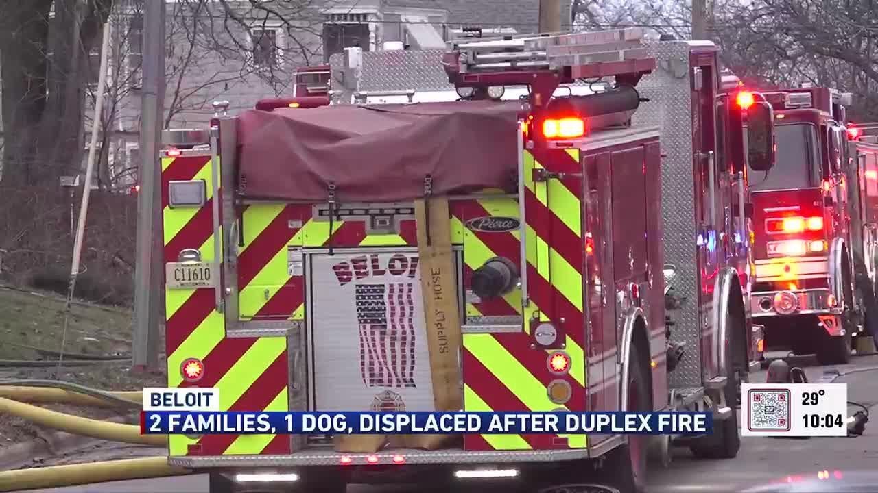 Two families, dog displaced after large duplex fire in Beloit - YouTube