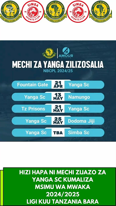 MECHI ZA YANGA SC ZILIZO SALIA LIGI KUU TANZANIA BARA #yangascmedia#simbasctanzania#nbcpremierleague