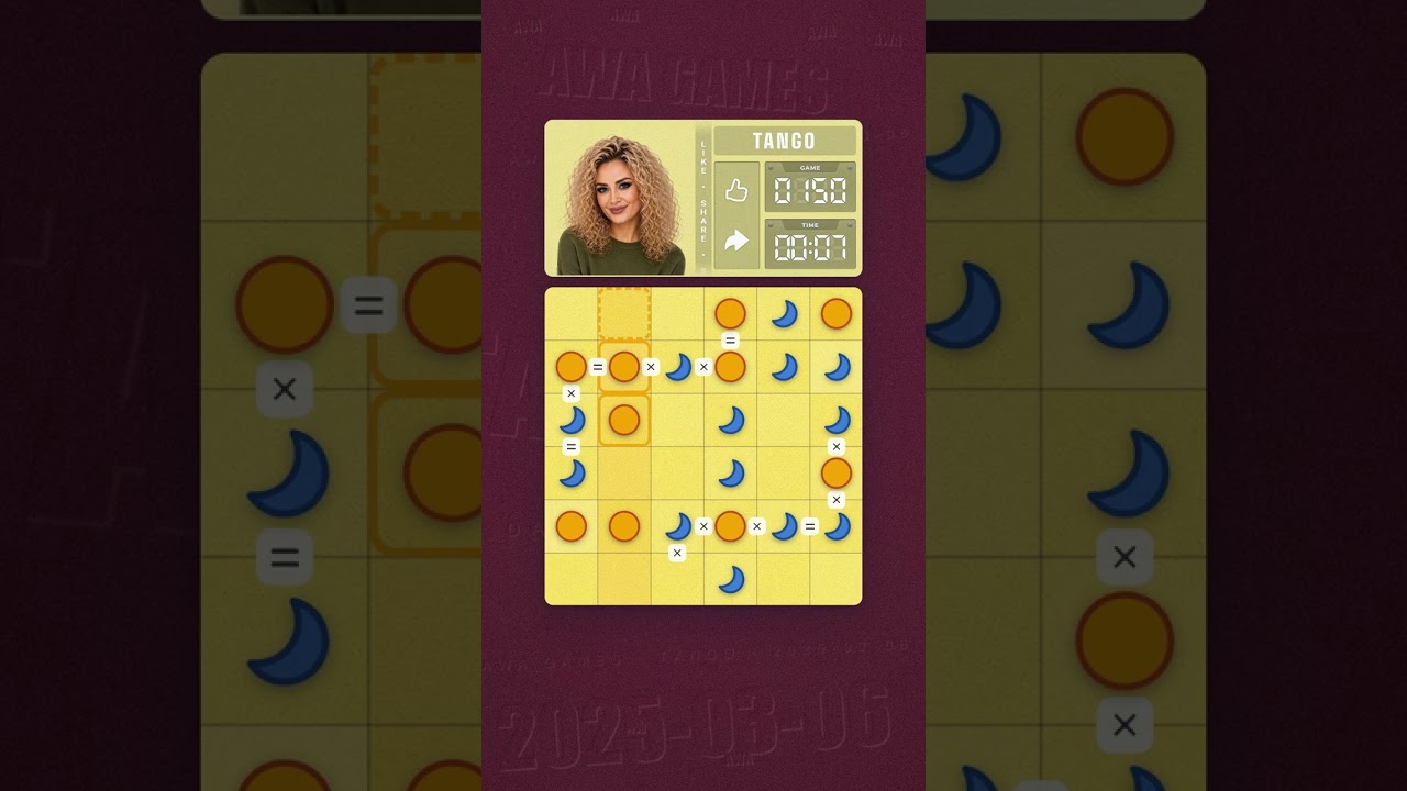 LinkedIn Tango #150 solved board for March 6, 2025, 6x6 grid